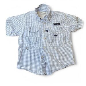 Columbia PFG | Kids blue gingham short sleeved shirt | lots of pockets | S 4-6